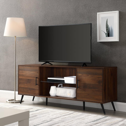 Saxon Mid Century Modern Glass Shelf TV Stand for Tvs up to 65 Inches, 60 Inch, Walnut