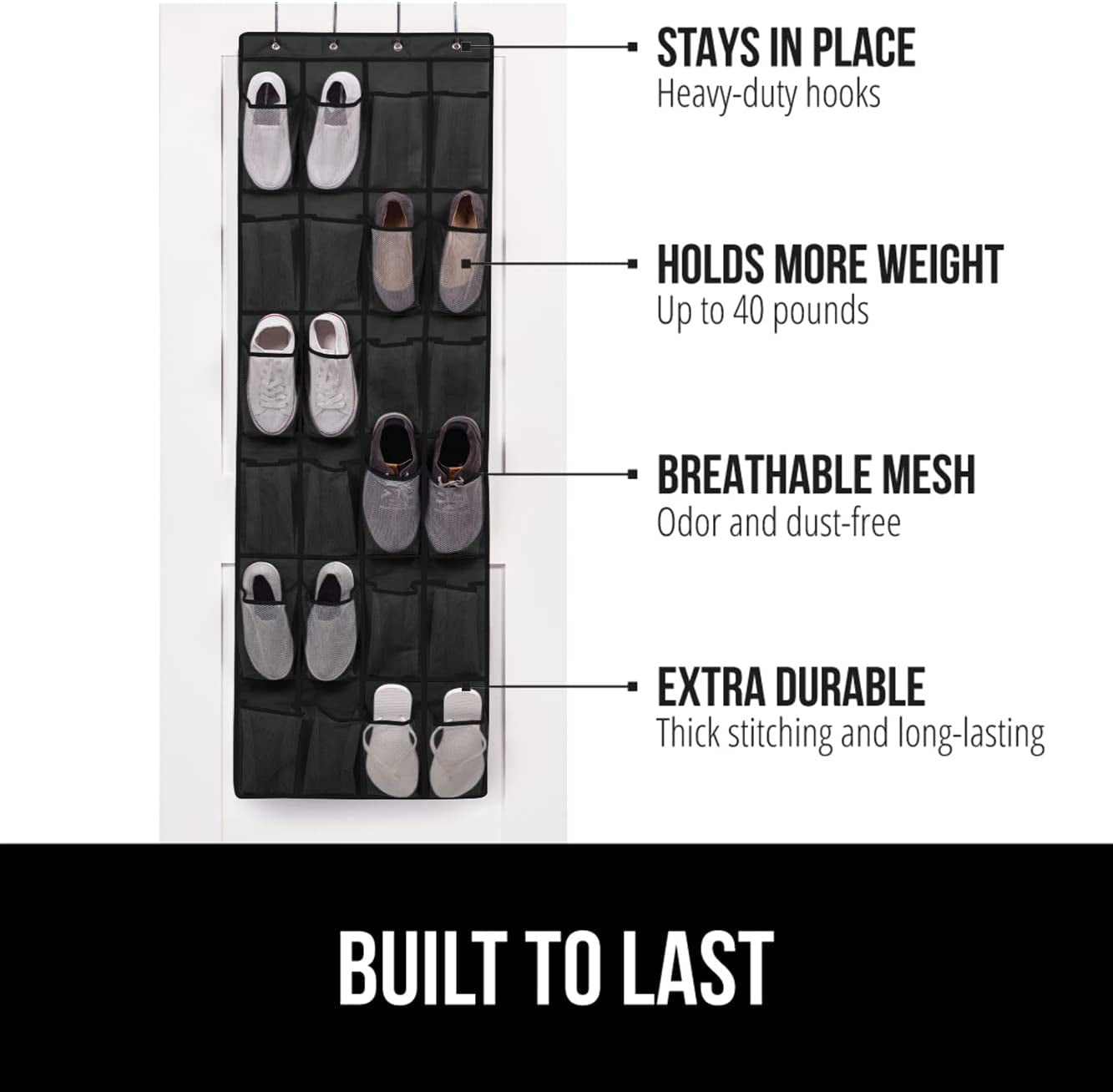 over the Door Shoe Organizer, 24 Large Breathable Mesh Pockets, Space Saving Hanging Storage Holder, Closet Rack Hanger Holds up to 40 Lbs, Hangs on Closets for Shoes, Accessories, Black