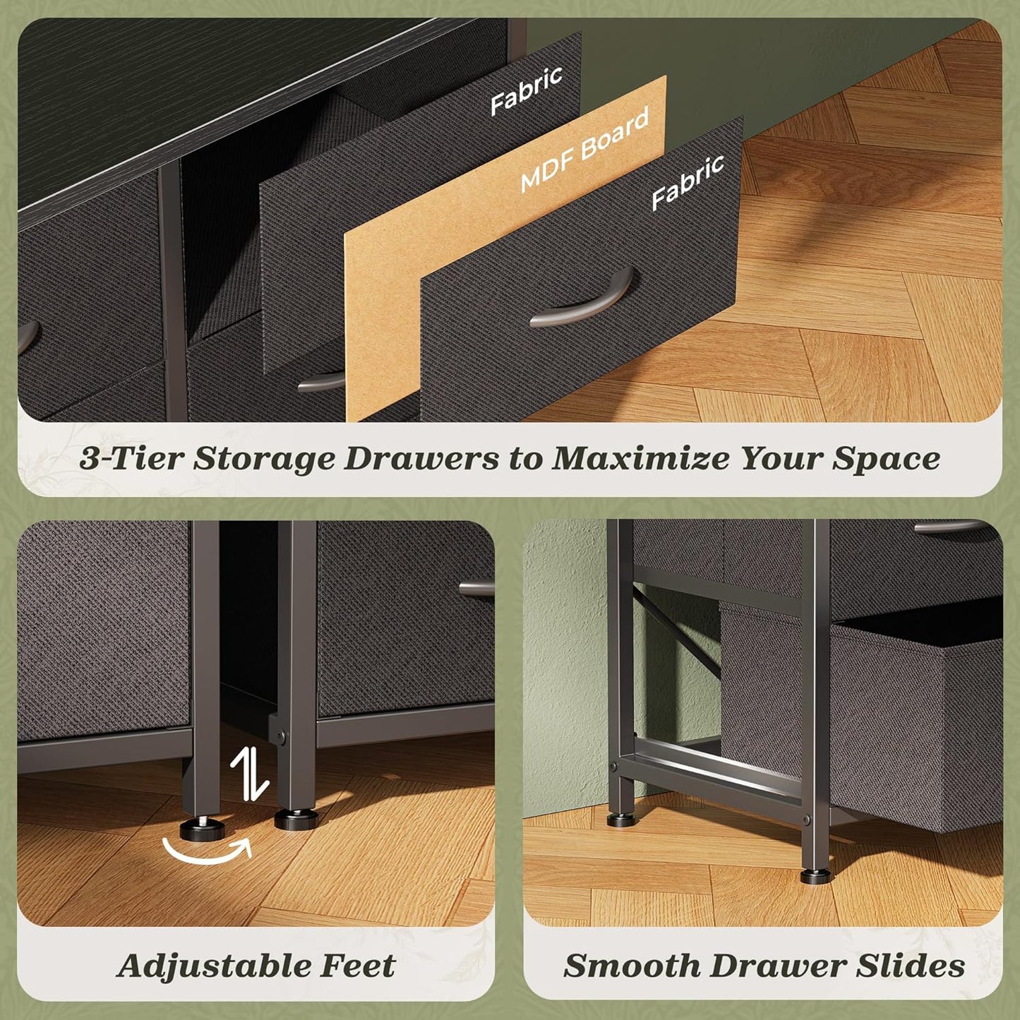 48 Inch Black Dresser for Bedroom, Corner TV Stand for 43, 55 Inch TV, L Shaped Chest of Drawer with Storage and Open Shelves, 12 Drawer Fabric Dresser for Closet, for Small Place