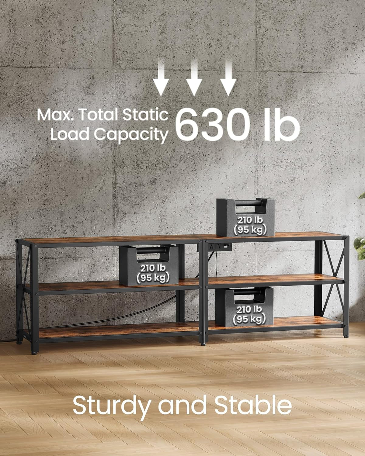 TV Stand with Power Outlets and LED Lights, for Tvs up to 65 Inches, Entertainment Center with Open Storage Shelves, TV Console Table for Living Room, Rustic Brown and Ink Black ULTV118K01