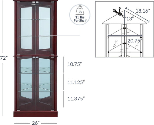Lighted Corner Display Curio Cabinet Wooden Shelving Unit with Tempered Glass Door, Bar and Liquor Storage Area with 6 Shelves - Woody (Cherry)