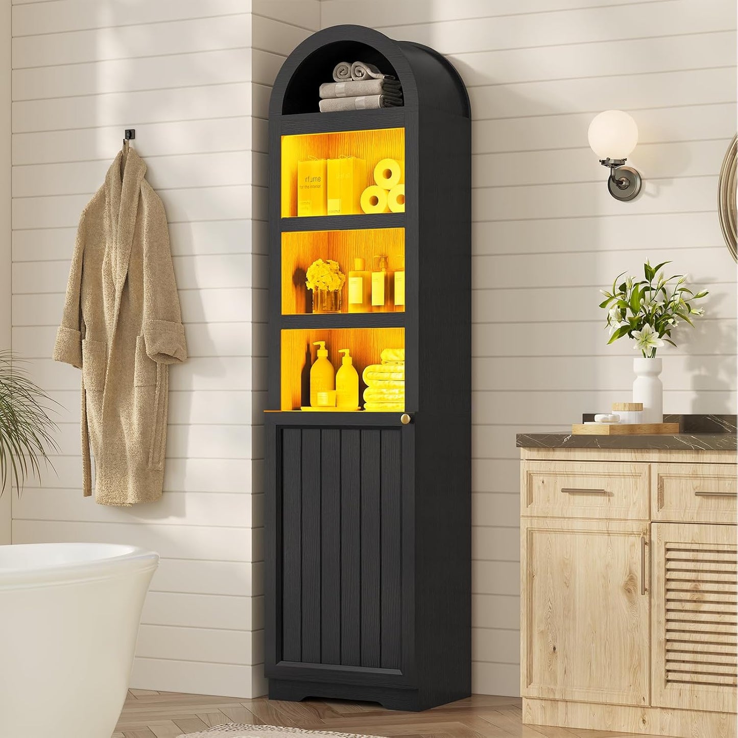 72" Tall Arched Narrow Bathroom Storage Cabinet with Lights, Slim Storage Cabinet with Adjustable Shelves for Small Spaces, Farmhouse Style (Tan)
