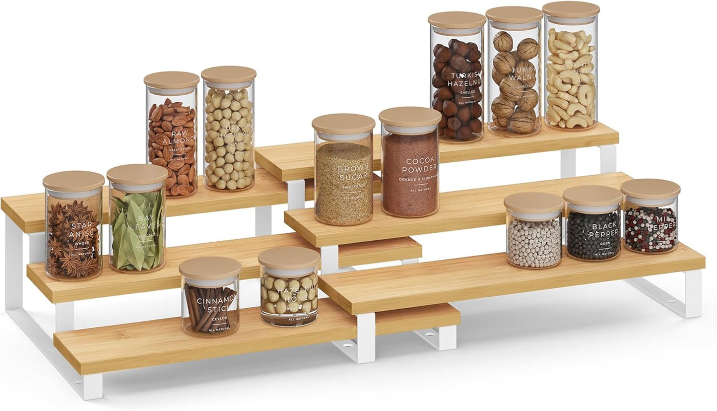 Display Risers, Set of 2 Engineered Wood Perfume Organizer Stand, 3-Tier Cupcake Stand Holder, Spice Rack, Shelf Risers for Figures, Dessert Shelves, Natural Beige and Ink Black UKCS016N01