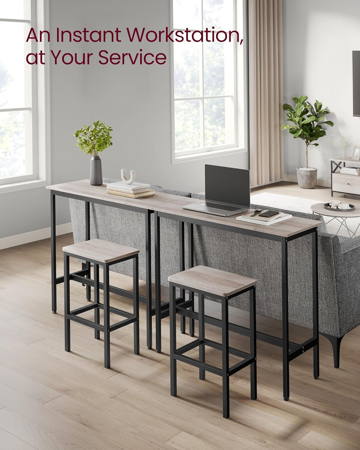 Dining Table Set, Bar Table and Chairs Set, Kitchen Bar Height Table with Stools Set of 2, Steel Frame, Industrial, 39.4 X 15.7 X 35.4 Inches, Heather Greige and Ink Black ULBT218B02