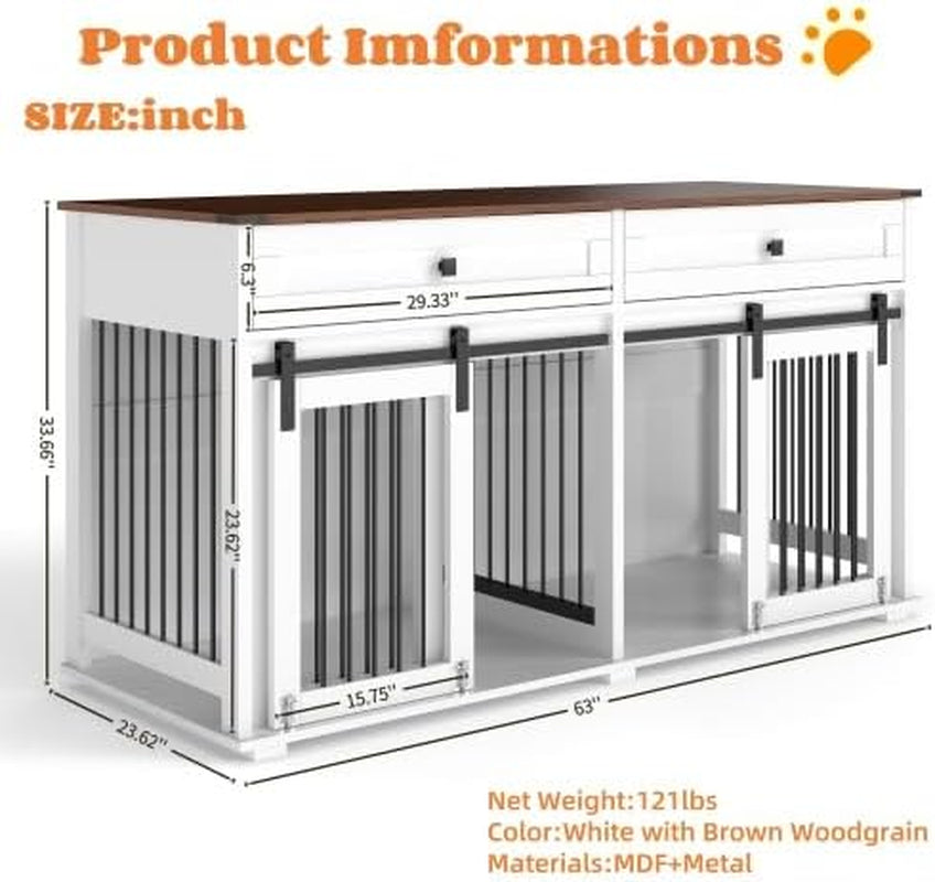 63'' Extra Large Double Dog Crate Furniture - White Wooden Kennel with 2 Drawers, Divider, Sliding Doors & Natural Wood Tabletop, TV Stand & End Table for Two Dogs