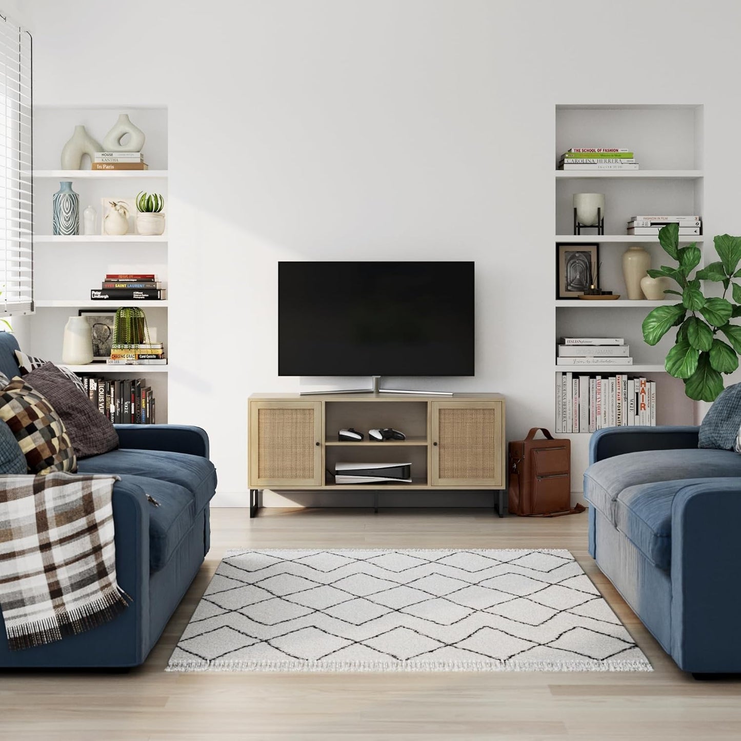 74101 Mina Modern TV Stand, Entertainment Cabinet, Media Console with a Natural Oak Wood Finish and Matte Black Accents with Storage Doors for Living Room or Media Room, Oak/Black