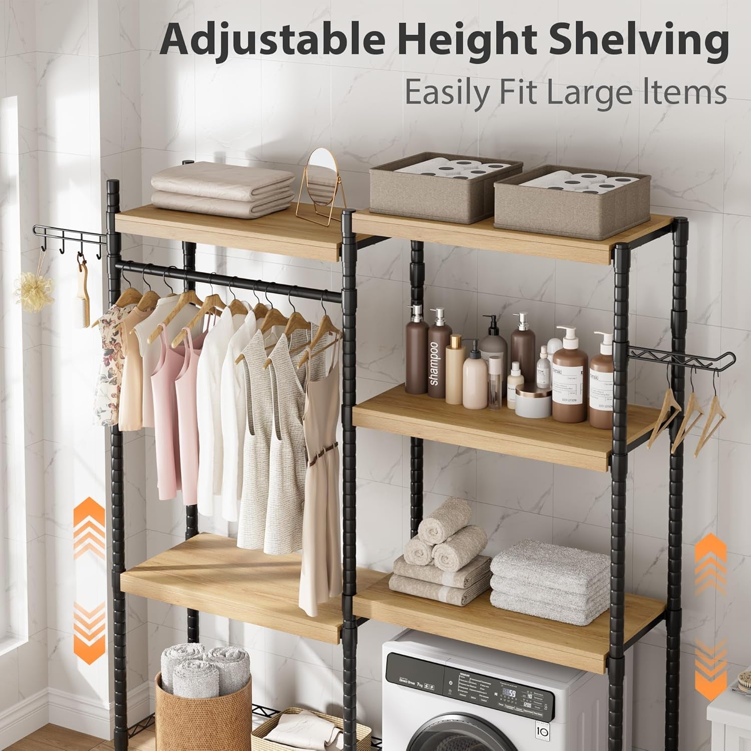 28" Over-The-Toilet/Washer Shelf – 5-Tier Laundry Organizer with Double-Layer Wood Shelves (100LB Capacity), Adjustable Height Storage for Small Spaces (Natural& Black)