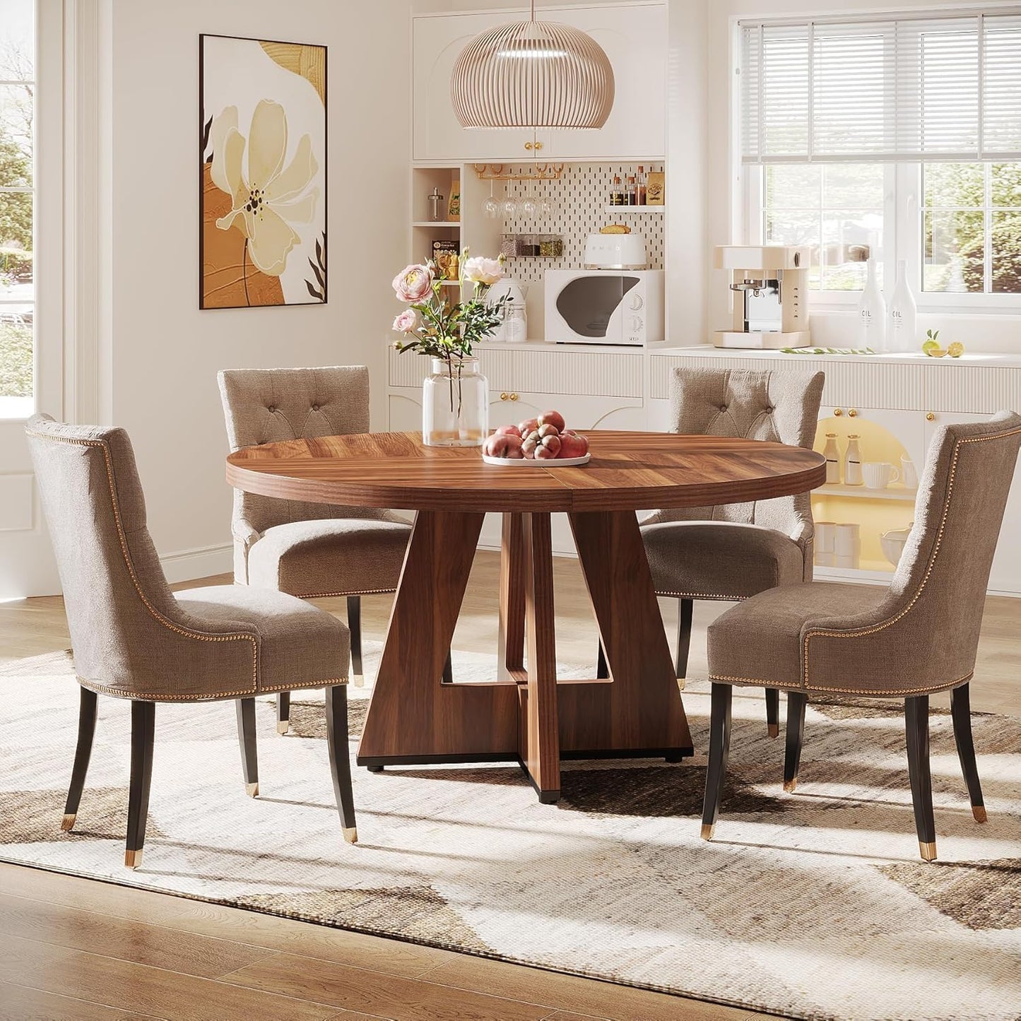 47" Dining Table Farmhouse round Kitchen Table for 4, Rustic Brown Wood Dinner Table with Cross Base for Living Room Dining Room