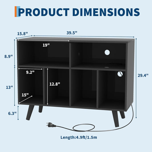 Record Player Stand with Vinyl Storage, 39.5In Large Vinyl Record Holder Player Cabinet Wood Turntable Stand up to 350 Albums with Charging Station for Living Room, Black