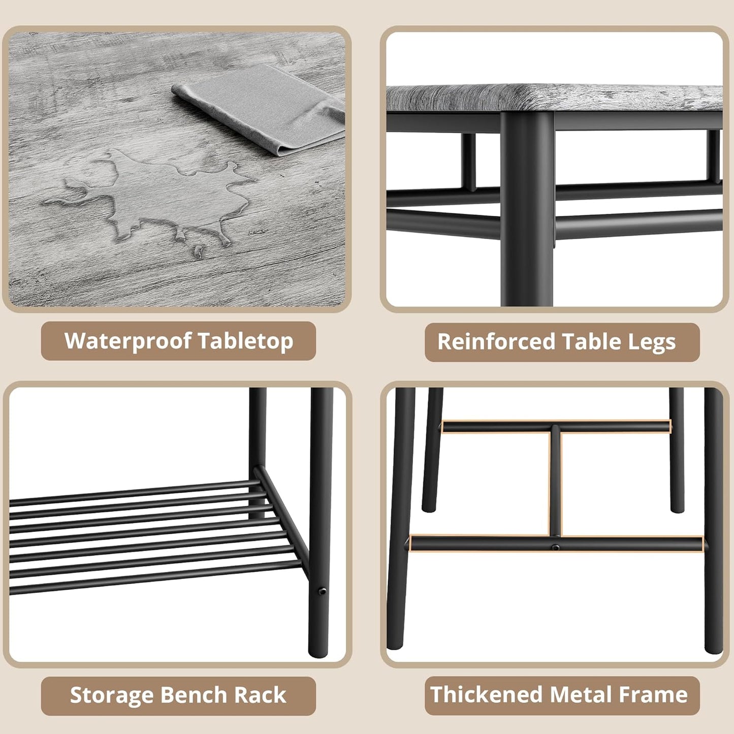 Dining Table Set for 4, Kitchen Table with Upholstered Bench and 2 Chairs, Kitchen Table and Chairs Set for Small Space, Apartment, Gray