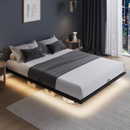 Floating Bed Frame with LED Lights, Modern Platform Queen Bed Frame with Mattress Slide Stopper, Easy Assembly, No Box Spring Needed, Noise Free