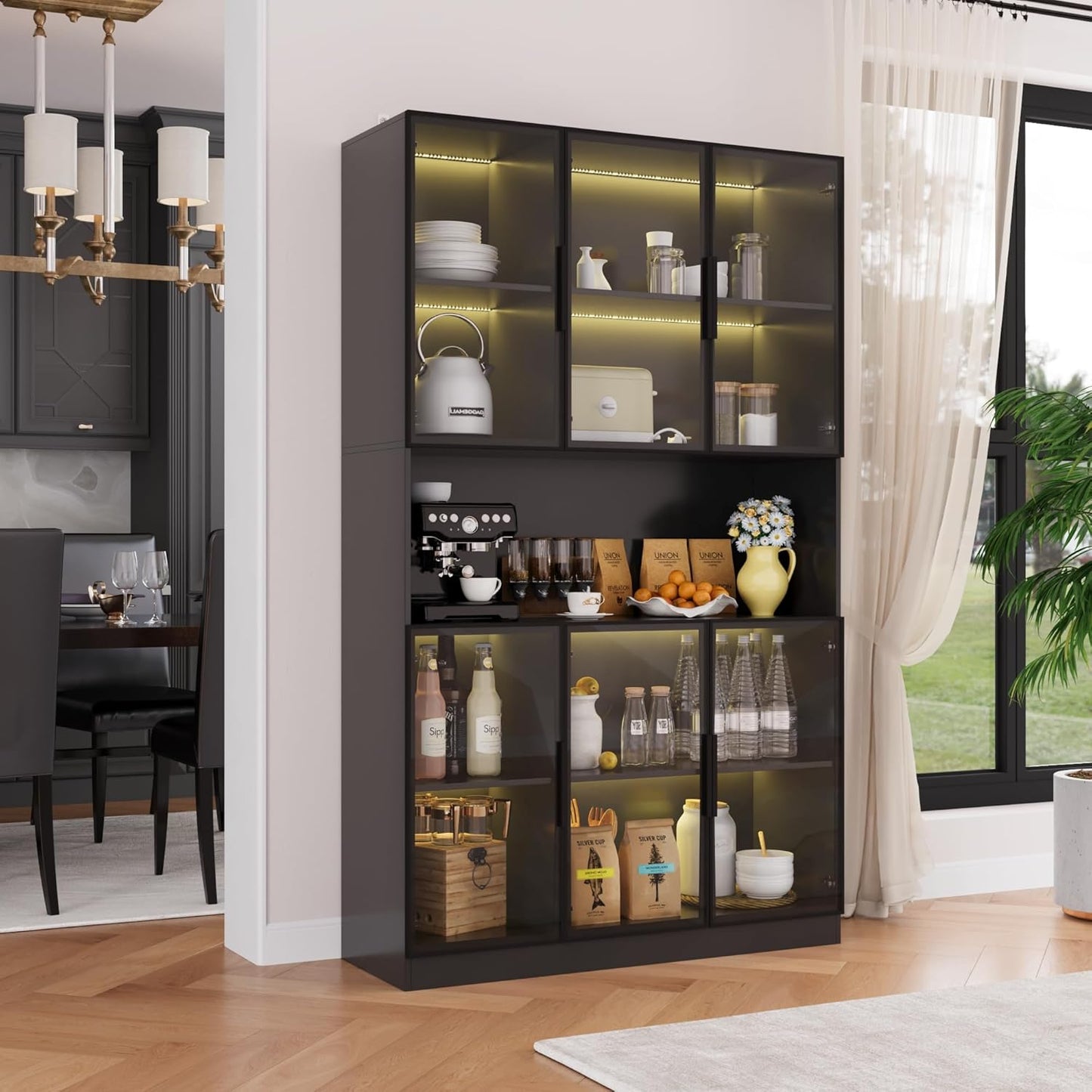 78.7" H Display Cabinet with 6 Glass Doors and Lights, Storage Cabinets Modern Bookcase with Hutch for Collectible, Display Case Trophy Case, Black