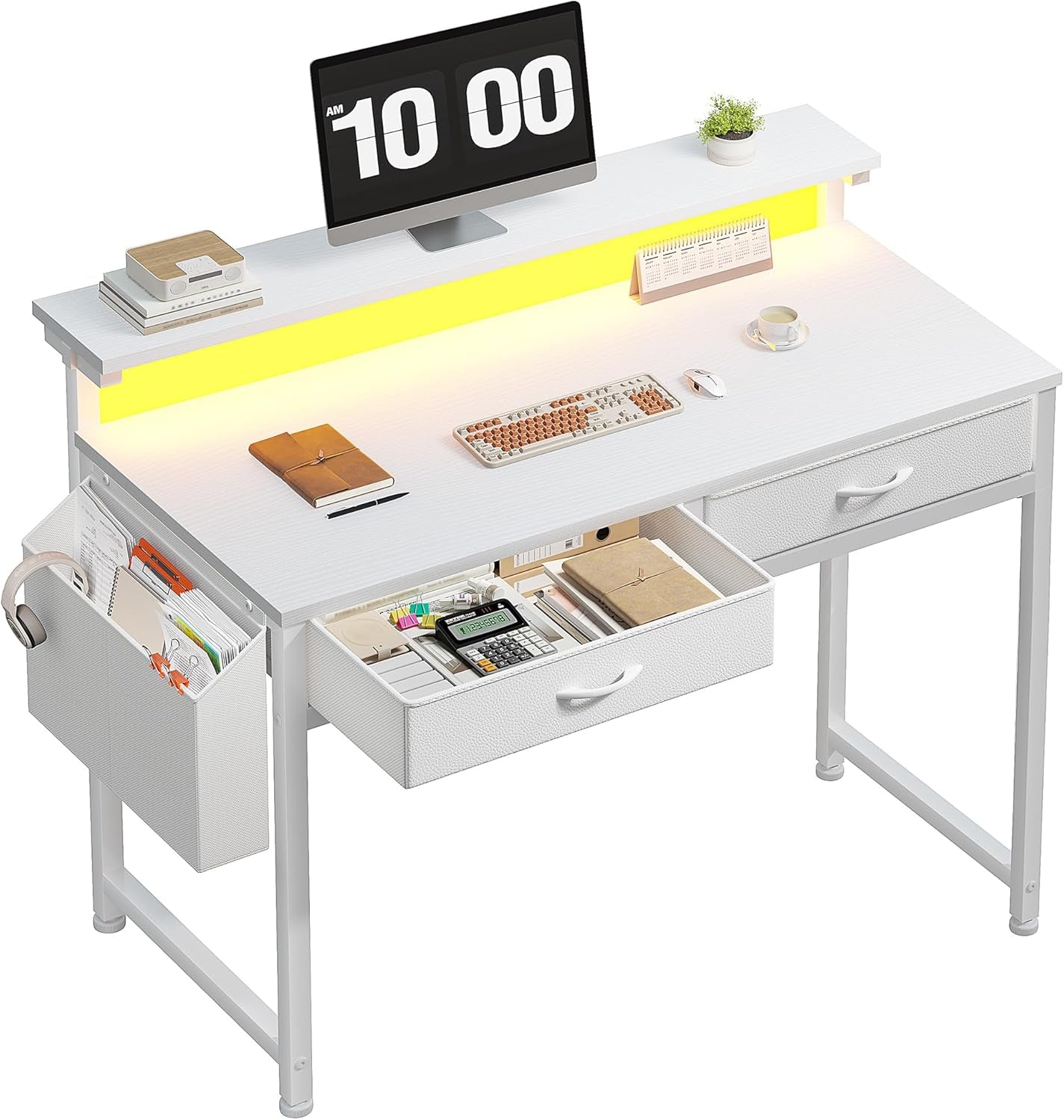 Computer Desk with 2 Drawers & LED Lights,31.5 Inch Home Office Desks with Side Pocket and Monitor Stand,Study Writing Table for Small Spaces,White