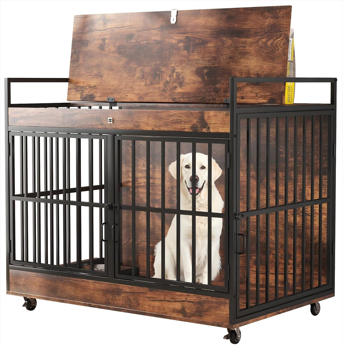 45 Inch Dog Crate Furniture for Large Dog with 2 Stainless Steel Bowls, Large Wooden Dog Crate Table, XL Heavy Duty Dog Kennel Indoor, for Decorate House as TV Stand, End Table