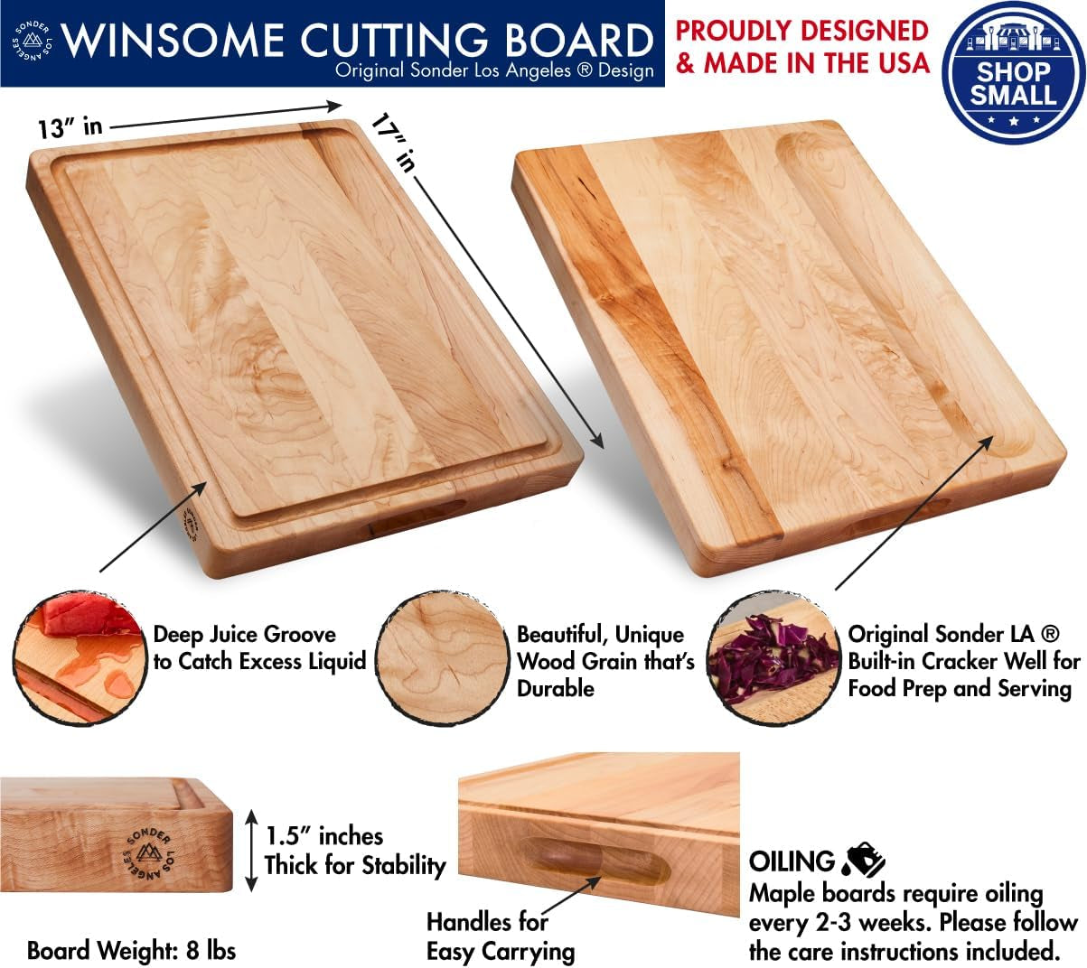 , Made in USA, Large Thick Maple Wood Cutting Board for Kitchen with Juice Groove, Sorting Compartment, Charcuterie Wooden Board 17X13X1.5 in (Gift Box Included)