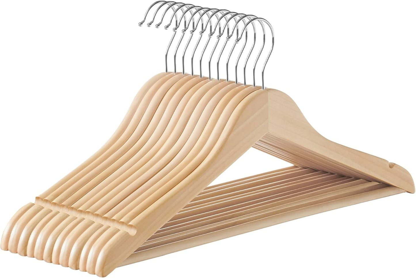 Wooden Hangers, Pack of 24, Coat Hangers, Non-Slip, Pants Bar, 360° Swivel Hooks, for Jackets, Shirts, Coats, Natural Beige UCRW010N24