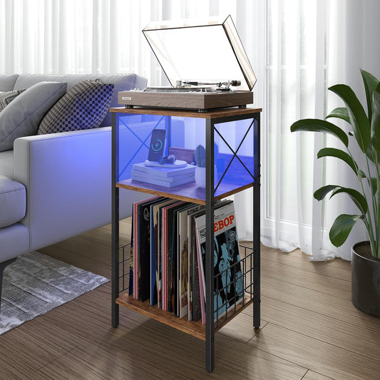 3 Tiers End Table with Charging Station, LED Side Small Table Turntable for Vinyl Storage, Records Player Stand for Albums, Vinyl Holder Shelf Tables for Living Room, Bedroom Rustic Brown