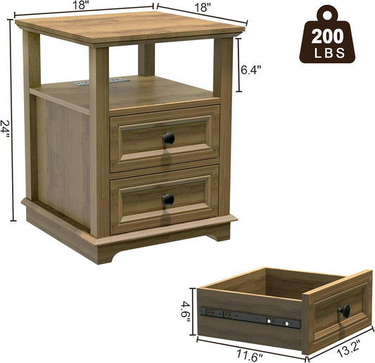 24" Tall Nightstand with Charging Station, Double 18W Fast Charge End Table, Large 18” Bedside Table with Drawers,Rustic Wood Storage Cabinet with Open Shelf for Bedroom,Natural