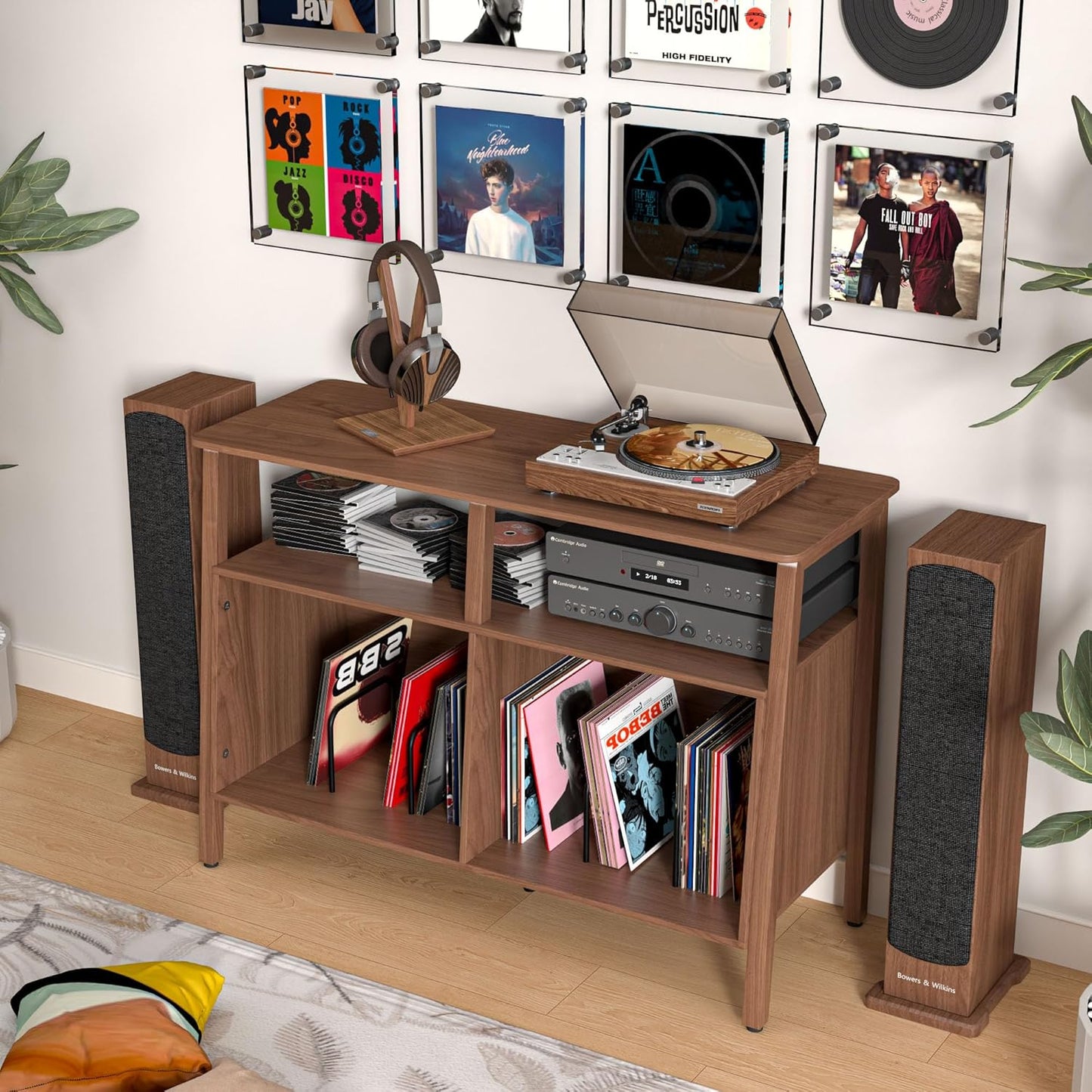 Large Record Player Stand,Mid Century Turntable Stand Table with Open Storage Holds up to 300 Albums,Vinyl Record Storage Display Shelf for Living Room Bedroom (Walnut)
