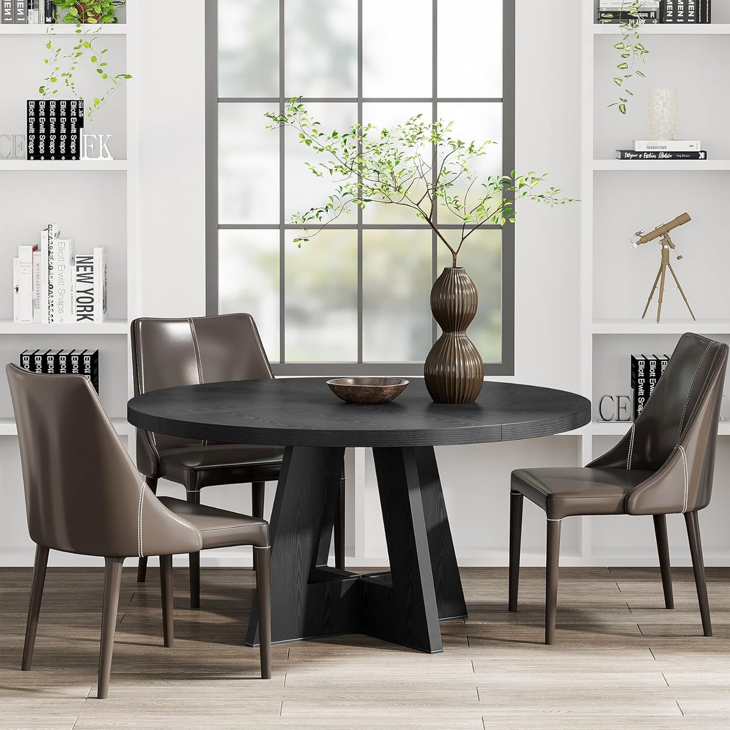 round Dining Table Wood Kitchen Table for Dining Room, 47 in Dinning Room Tables for 4 Man, Farmhouse Dinner Table with Wooden Tabletop and Cross Base, Black