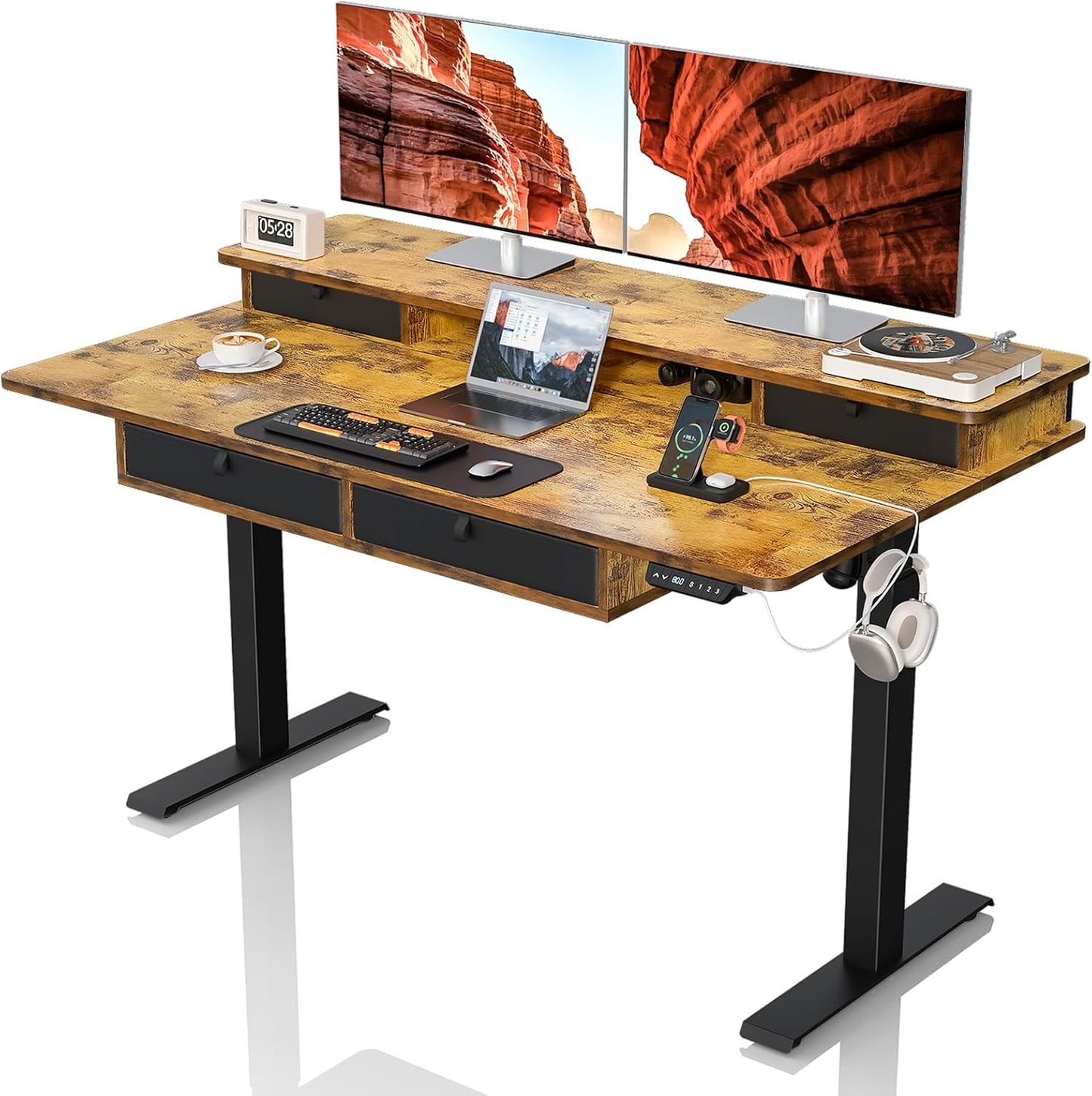 Electric Standing Desk with Drawers & USB Charging Port, 48''X 30''Adjustable Height Sit Stand up Widened Desktop Desk, Computer Office Desks with Storage for Home Workstation, 3 Memory Height Preset