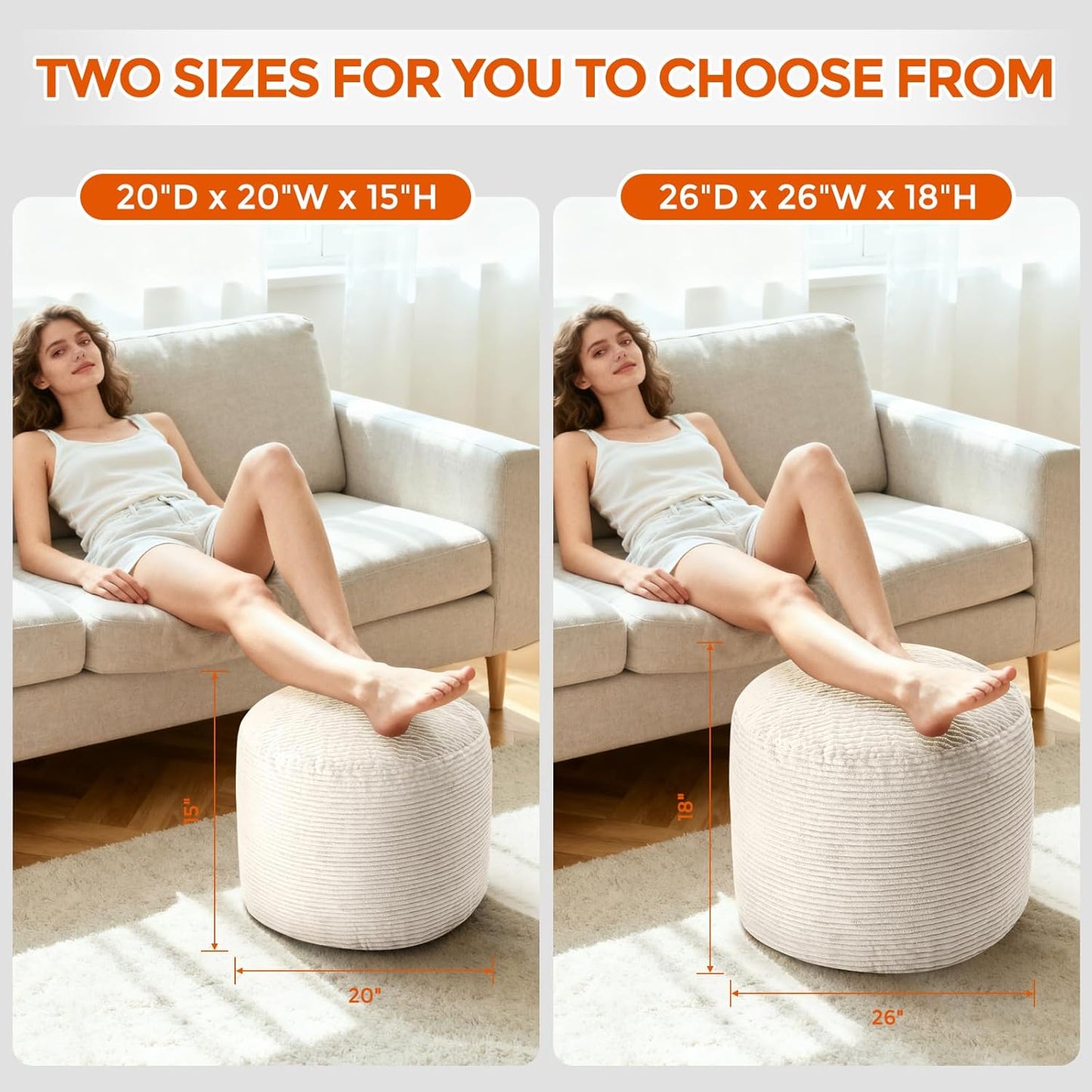 Pouf Ottoman Foot Rest, Comfortable & Soft, round Footstool for Living Room, Bedroom, Office, Room Decoration, Corduroy Foot Stool Pouf with Odorless & Anti-Clump Filling, Small Beige