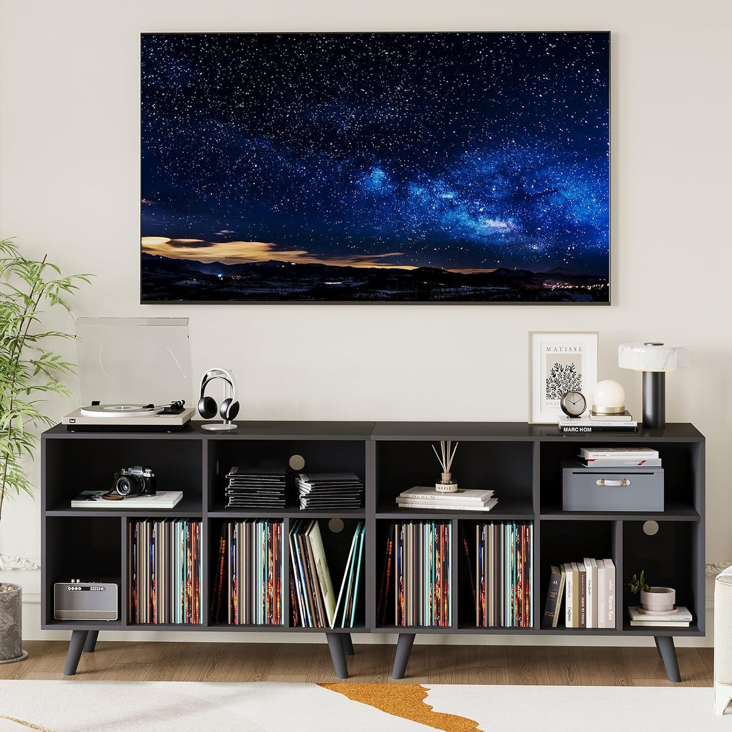 Record Player Stand with Vinyl Storage, 39.5In Large Vinyl Record Holder Player Cabinet Wood Turntable Stand up to 350 Albums with Charging Station for Living Room, Black