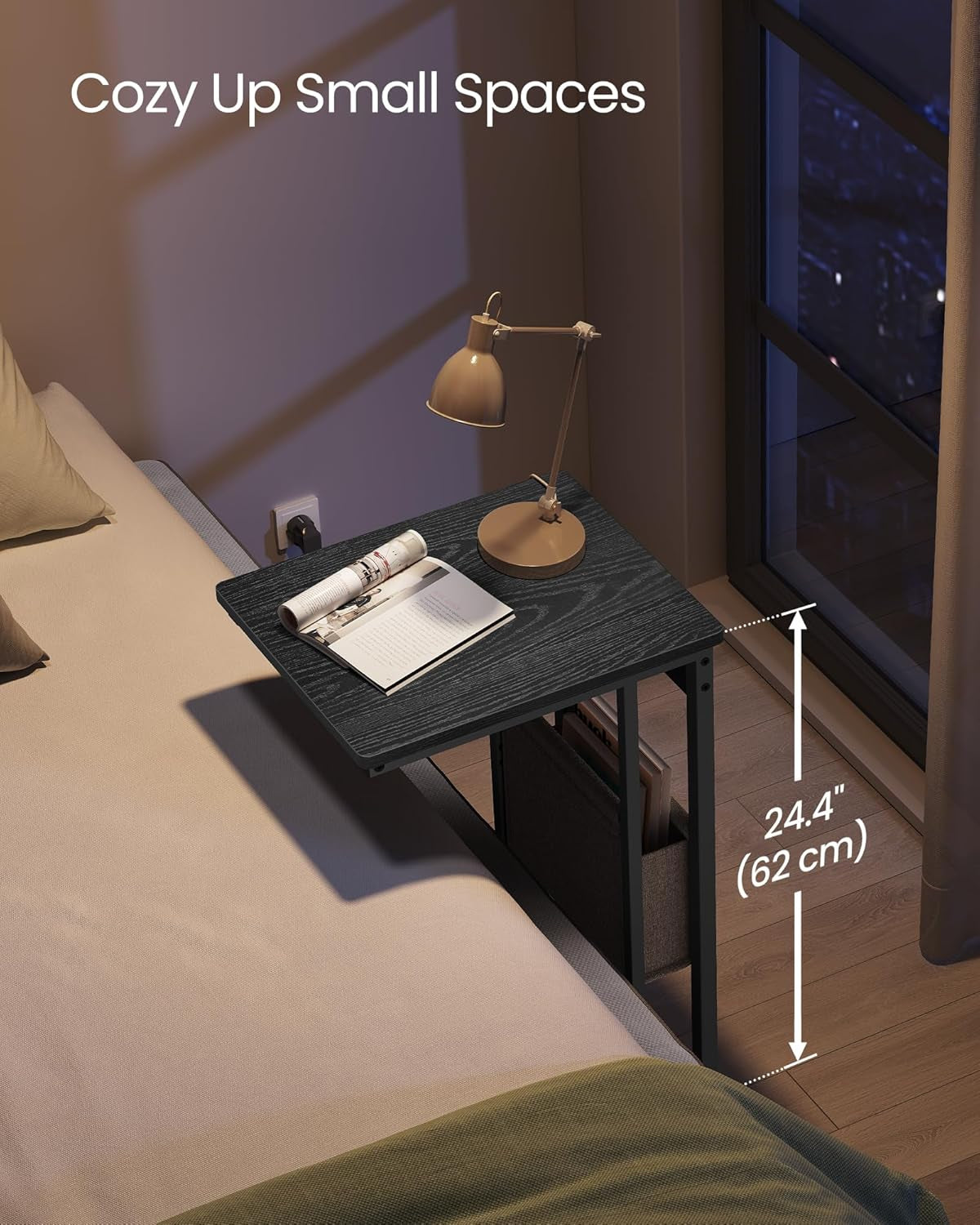 C-Shaped Side Table, End Table with Charging Station, 2 USB Ports and Outlets, C Table for Couch, Sofa, with Storage Bag, Adjustable Feet, for Bedroom, Living Room, Ebony Black ULET356B01