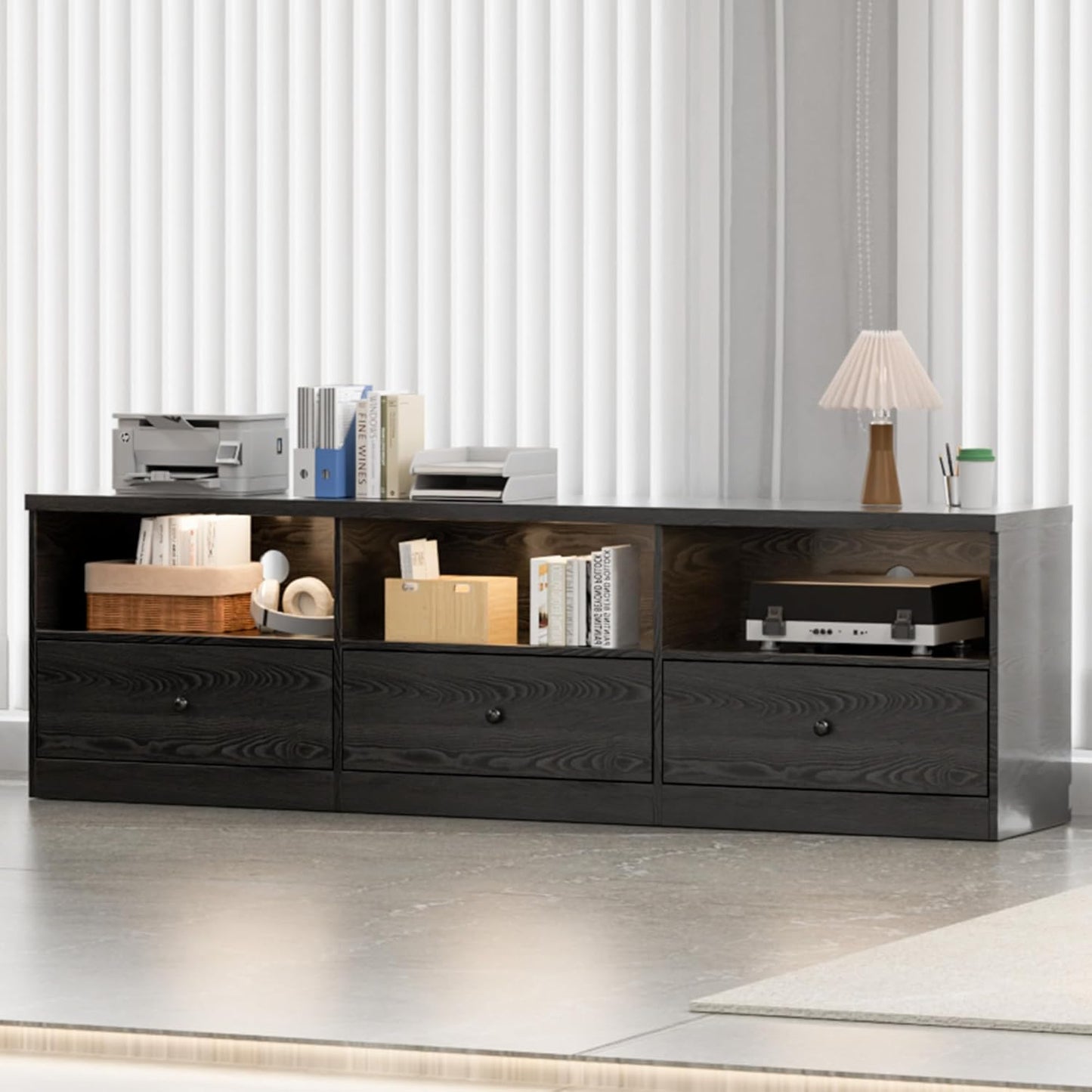 TV Stand with up to 80-Inch Tvs with 3 Large Storage Drawers and 3 Open Shelves, Black TV Stands for Living Room, Entertainment Center with Storage, Tvs Console Table, Suitable for Bedroom, Office