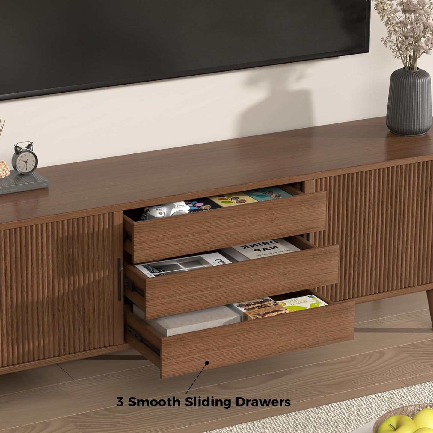 TV Stand for Living Room, 71" Mid Century Modern Entertainment Center W/Curved Edge for 55/60/65 Inch TV, Media Consol with Sliding Door Drawers and Open Shelves for Bedroom Living Room