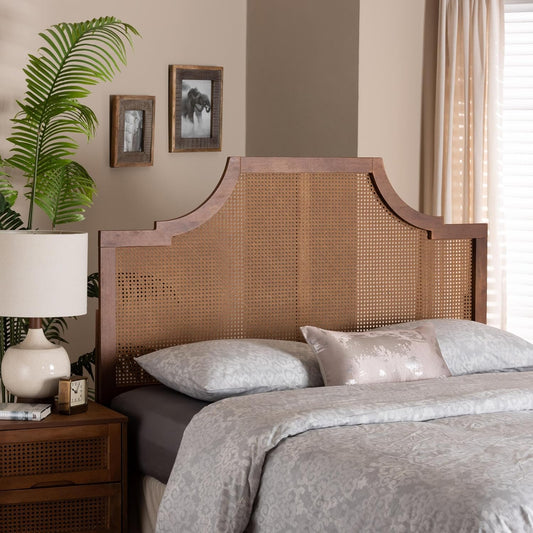 Risha Mid-Century Modern Ash Walnut Finished Wood and Rattan King Size Headboard