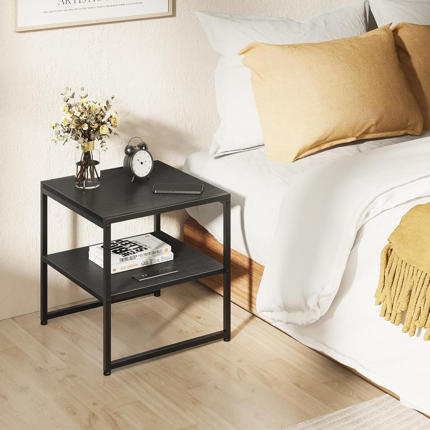 20" End Table with Charging Station, Industrial Square Side Table with USB Ports & Outlets, Versatile 2-Tier Small Nightstand for Bedroom Living Room, Black