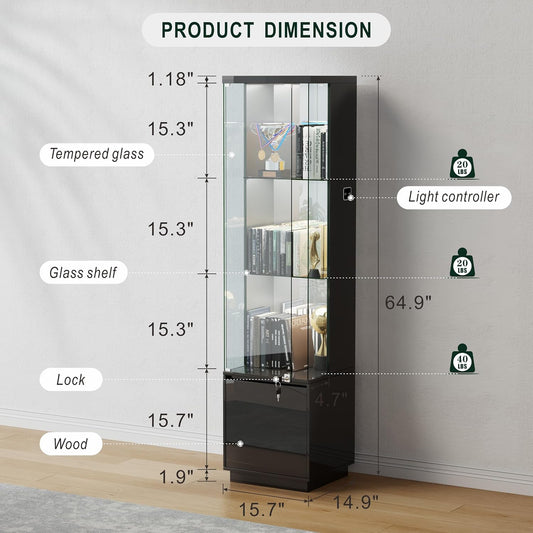 Lockable Curio Display Cabinet with Glass Door,65" Lighted Curio Cabinet with 3 Color Lights for Collectibles,3-Tier Glass Display Case with Human Body Sensor for Living Room,Black