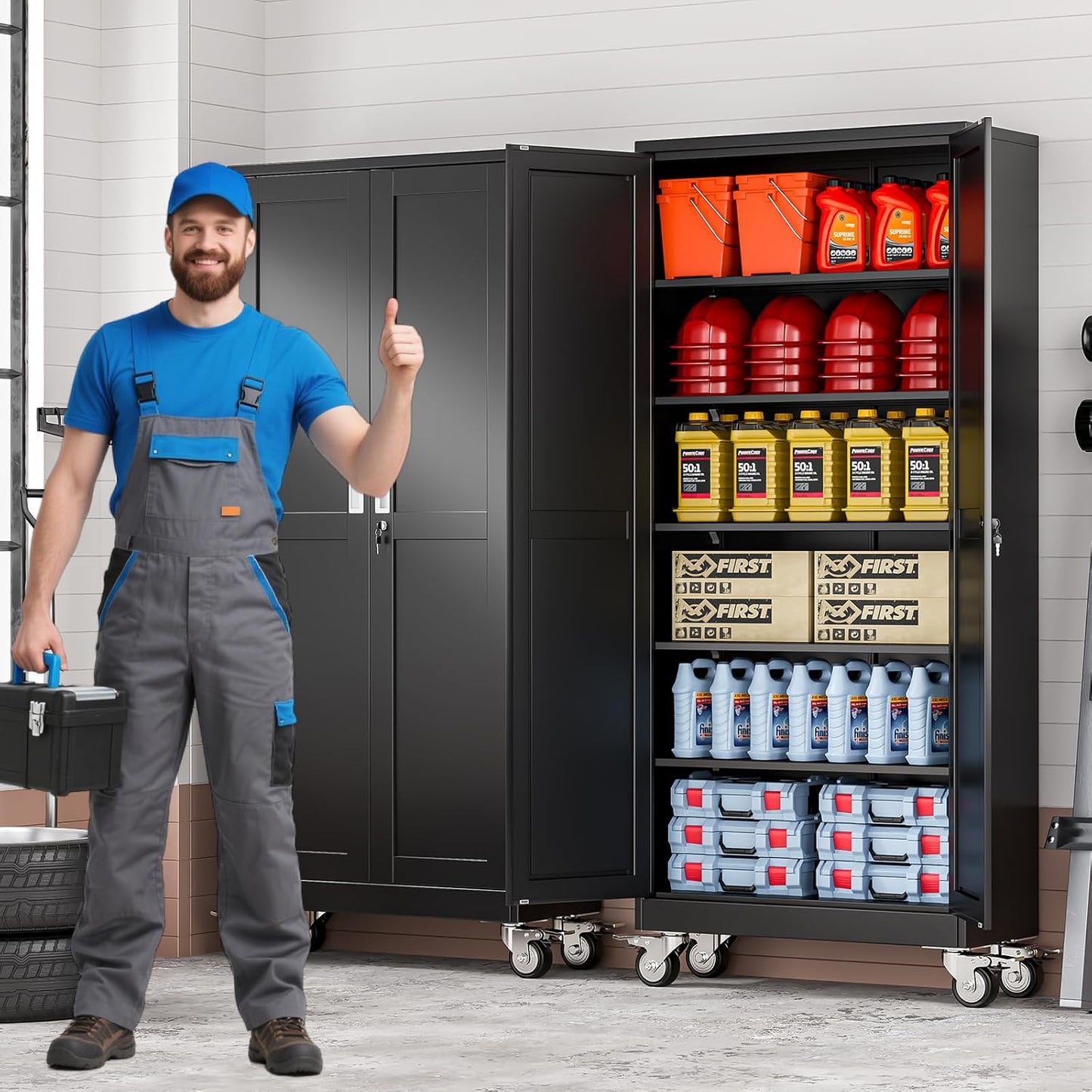 75" Tall Metal Garage Storage Cabinet with Wheels and Locking Doors and Tall Rolling Steel Tool Cabinet with 5 Adjustable Shelves for Garage,Home,Office,Shop (Black)