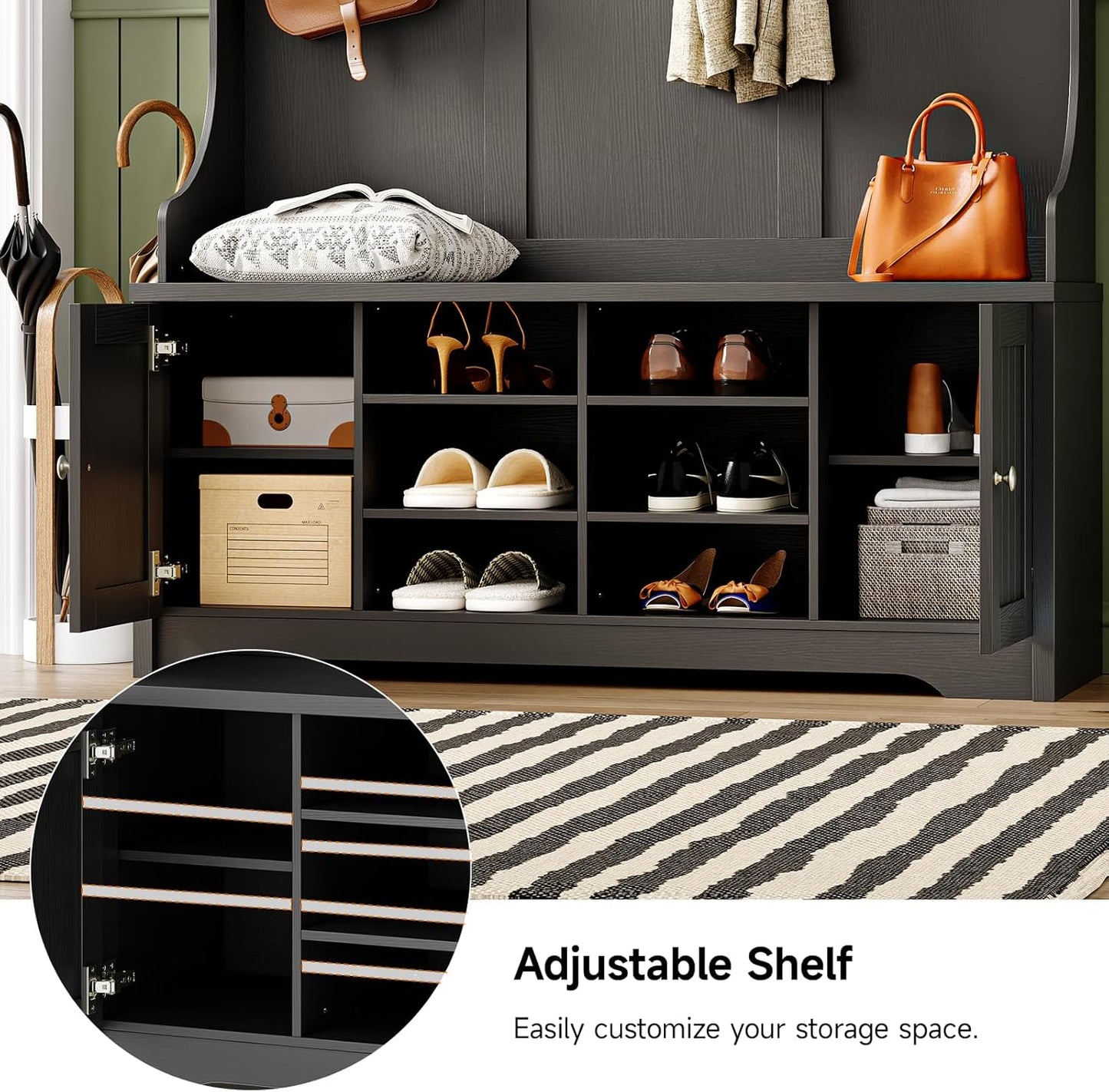 78.7" Hall Tree with Bench and Shoe Storage, Entryway Bench with Coat Rack, 10 Shoe Cubbies with Adjustable Shelves & 7 Coat Hooks for Hallway, Entryway, Black