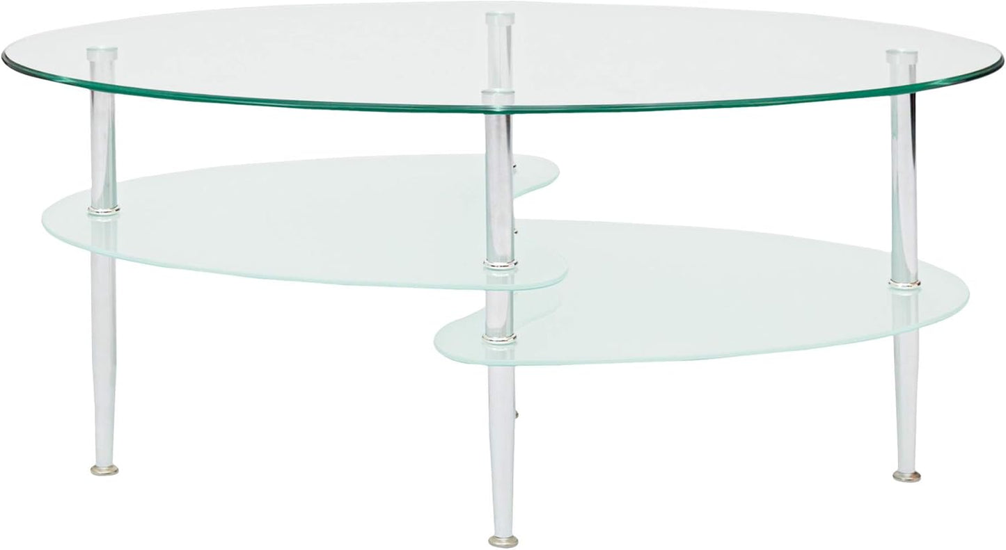 Modern Oval Glass Coffee Table Living Room Accent Ottoman Storage Shelf, 37 Inch, Glass