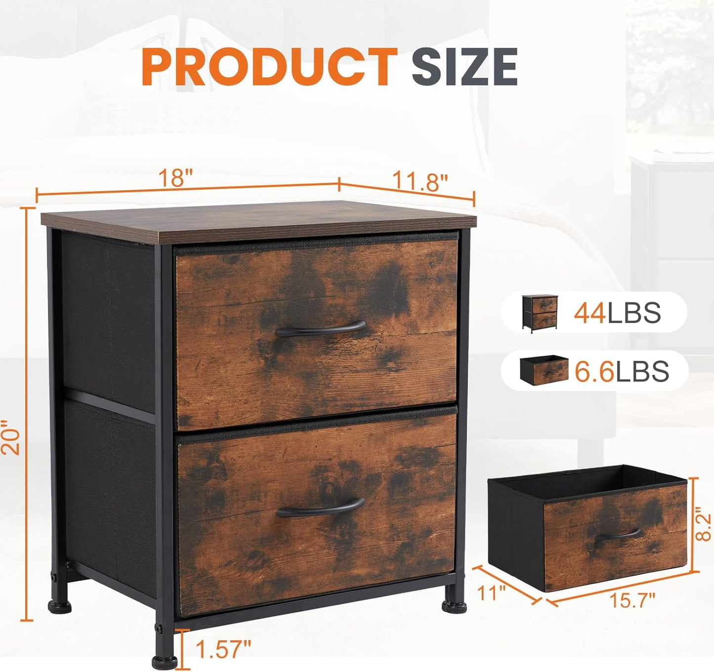 Nightstand Set of 2 with 2 Storage Drawers, 20" Height Small Bed Side Furniture End Table, Wooden Top Fabric Cabinet Kids Mini Dresser for Bedroom, Closet, Entryway, College Dorm