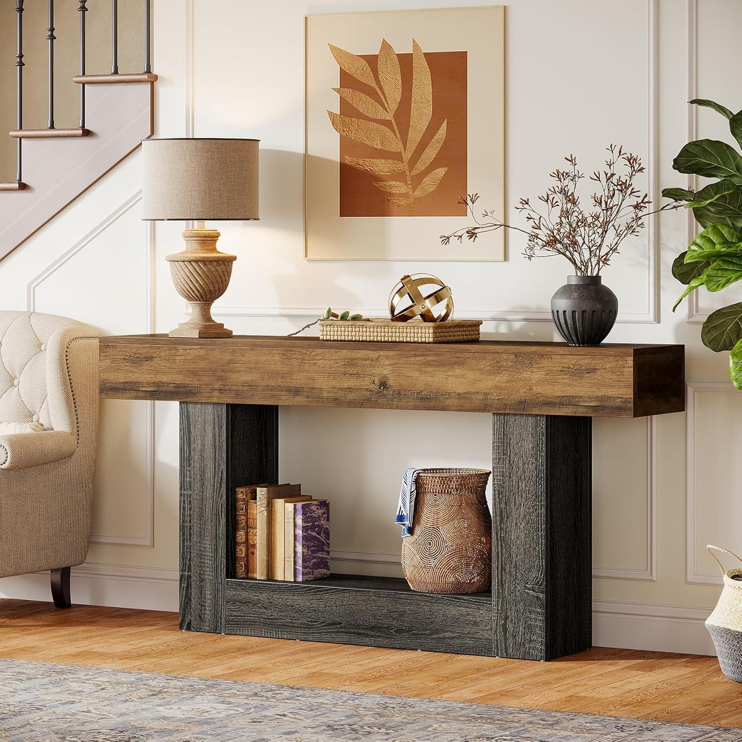 63-Inch Long Console Table, 2-Tier Entryway Table Sofa Table with Storage, Farmhouse Wood behind Couch Tables for Living Room, Hallway, Rustic Brown & Gray