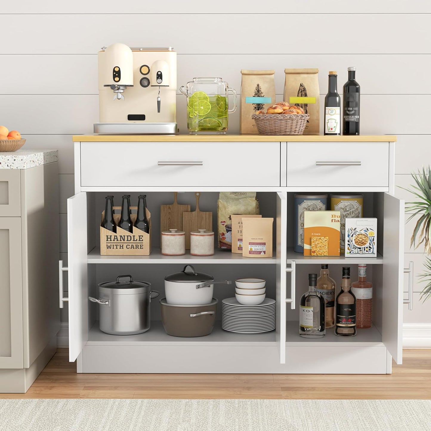 3 Doors Farmhouse Sideboard Buffet Cabinet,42" Barn Doors Buffet Cabinet with Storage,Wood Coffee Bar Cabinet with Adjustable Shelf for Kitchen,Living Room,White