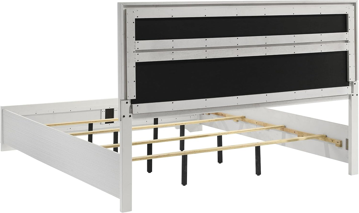 Home Furnishings Miranda Contemporary 5-Piece Bedroom Set Fabric Upholstered Eastern King Size Panel Bed Frame 54-Inch Headboard White 205110KE-S5