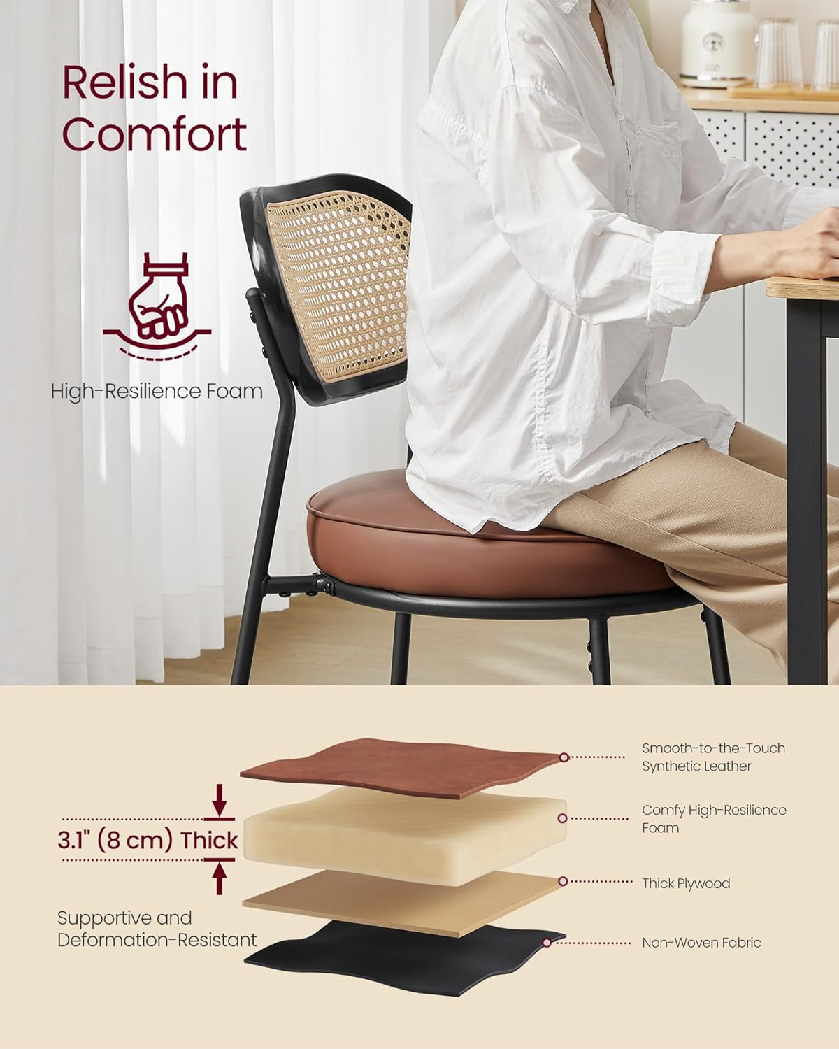 Dining Chairs, Set of 4 Accent Chair for Dining Room Kitchen, with Boho PE Rattan Back, Synthetic Leather Upholstery, Ink Black ULDC160B24