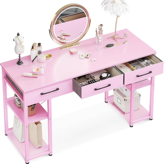 Vanity Desk with Fabric Drawers & Storage Shelves, Makeup Dressing Table, Home Office Desks for Bedroom, Modern Simple Writing Desk,Pink, 48"X16" (No Mirror