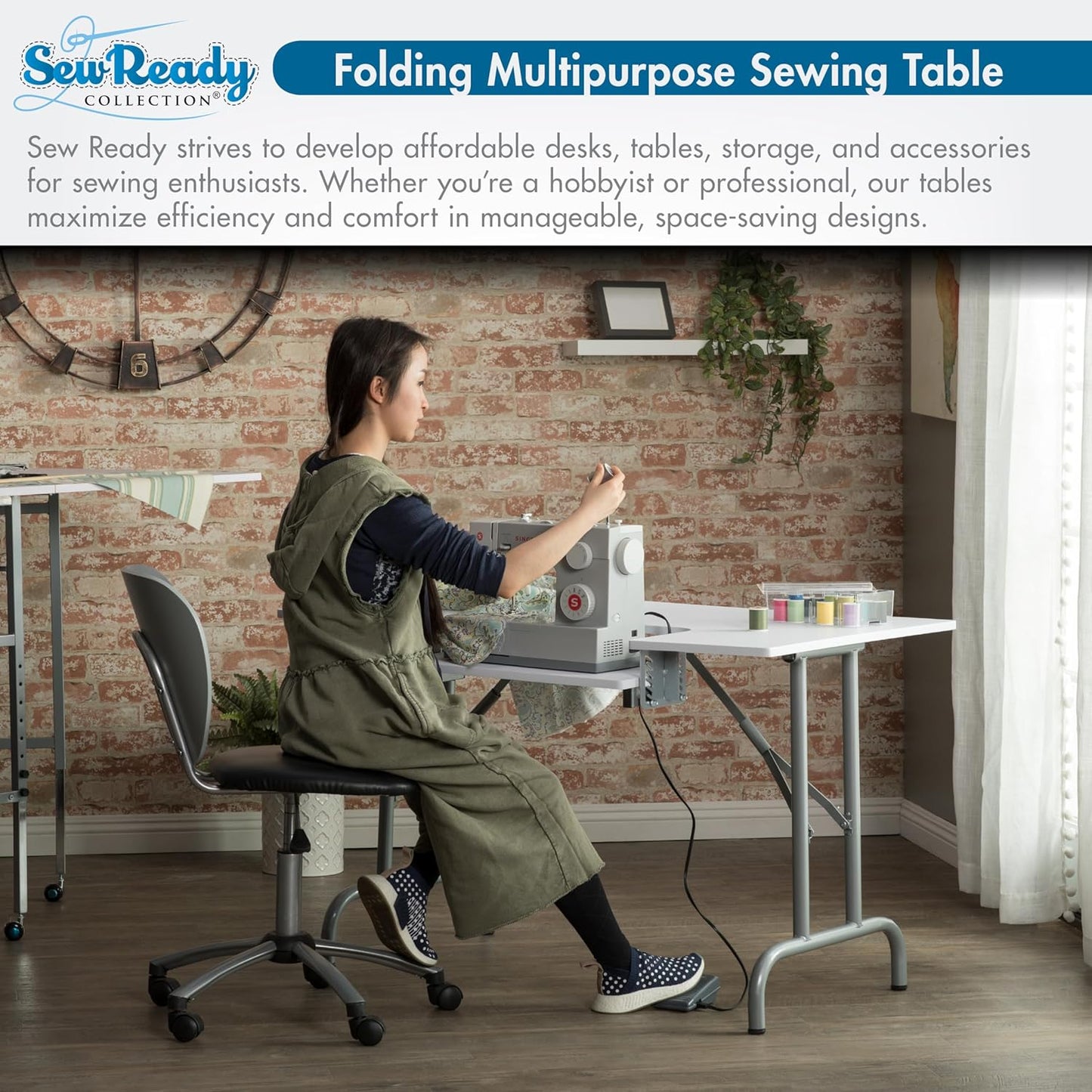 Folding Multipurpose Sewing Table - 47.5" W X 28" D Foldable White Hobby and Sewing Machine Table with Adjustable Shelf - Can Also Be Used as Computer Desk