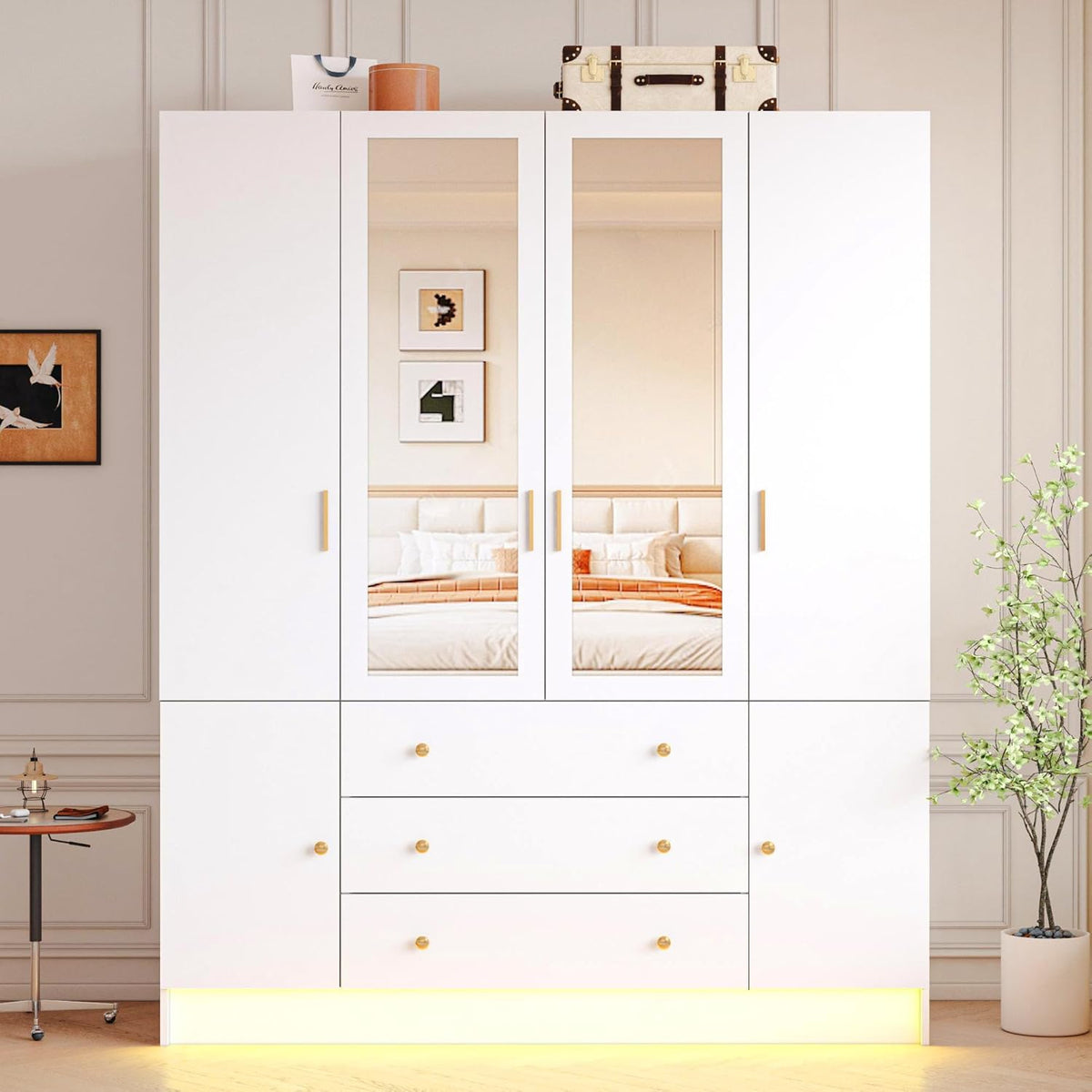 White LED wardrobe closet with mirror, four doors and three drawers, view 7