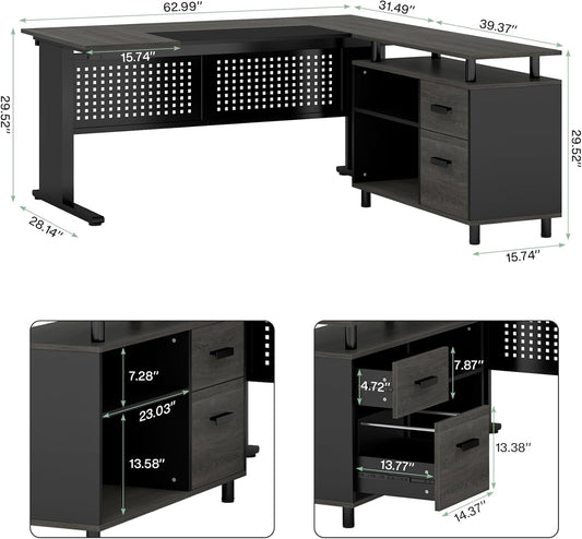 63 Inch Executive Desk with File Cabinet, L Shaped Office Desk with Drawers and Storage Shelves, Business Furniture Set Workstation for Home Office, Gray and Black