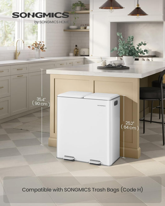 Trash Can, 2 X 8 Gallon (2 X 30 L) Double Garbage Can with Soft-Close Lids, Removable Inner Buckets, Pedals, Stainless Steel, for Waste and Recycling, Cloud White ULTB743W01