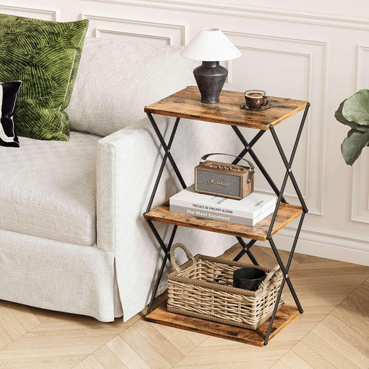 3-Tier End Table Small Side Table Tall Bedside Night Stand with Storage Sofa Side Desks for Living Room Bedroom Office Bathroom Small Space Rustic Brown ET-03RB