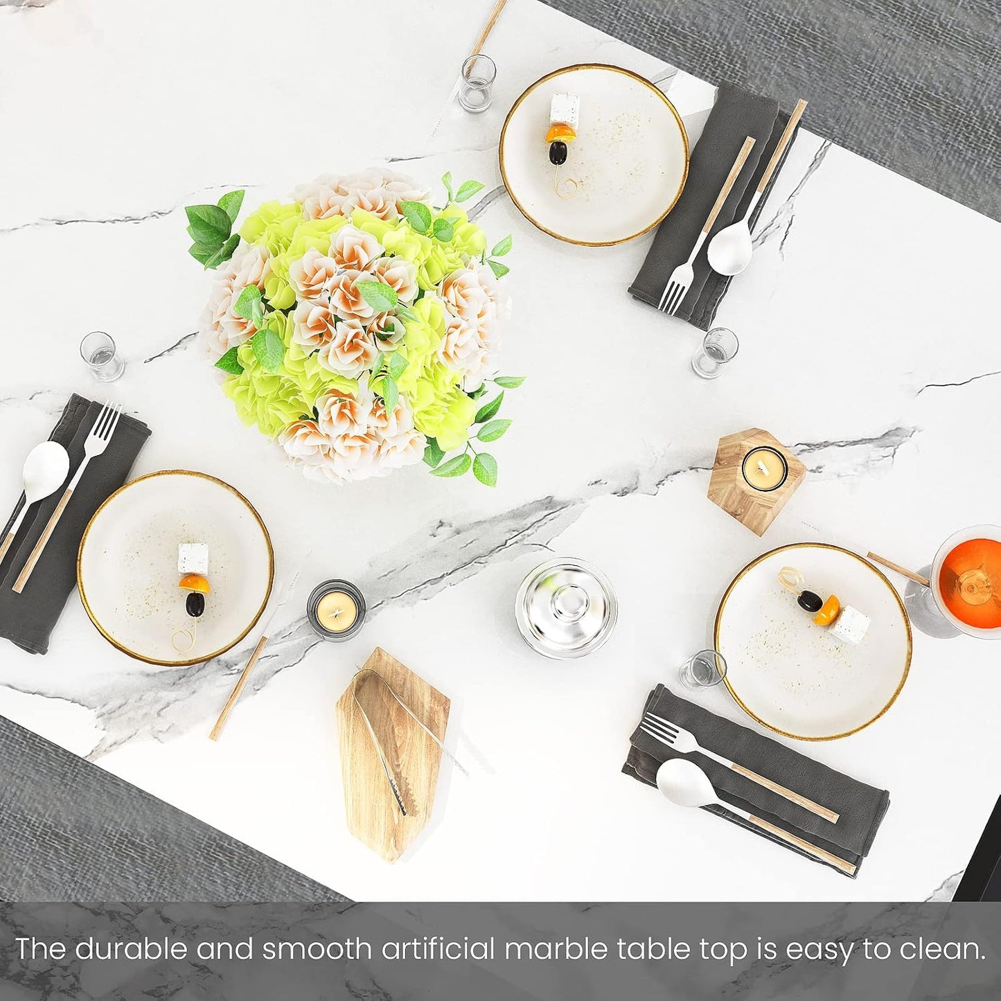 Dining Room Table Set with 2 Benches, Dining Table Set for 4-6, Dinner Table Set for 4, Faux Marble Breakfast Table Set & PU Leather Upholstered Benches for Small Spaces, Apartment, White