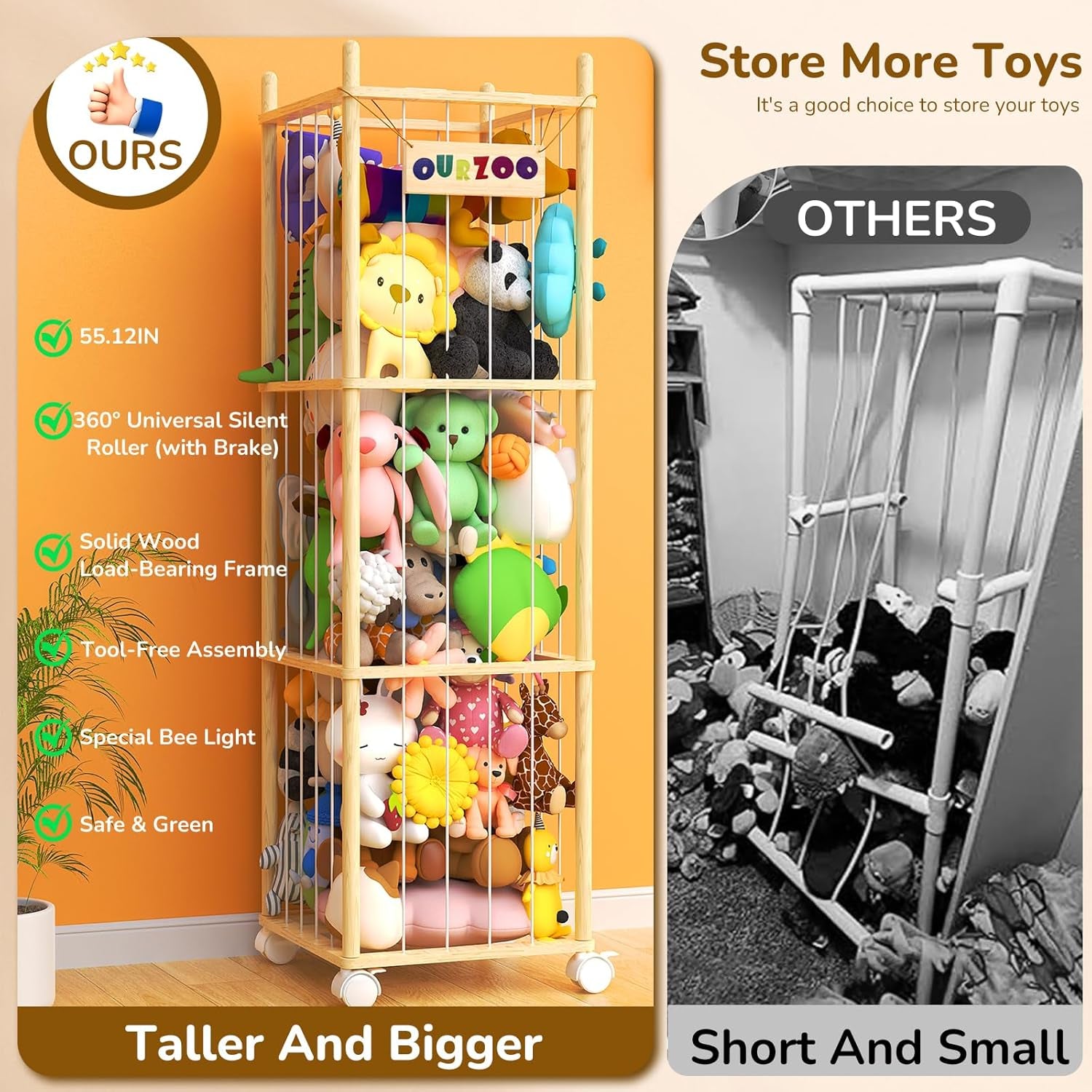 Stuffed Animal Storage Zoo with Wheels and Twinkling Bee String Lights, 55.12Inch Large Wooden Stuffed Animal Storage & Organizer with Elastic Cord Kids Plush Toy Storage for Nursery Playroom