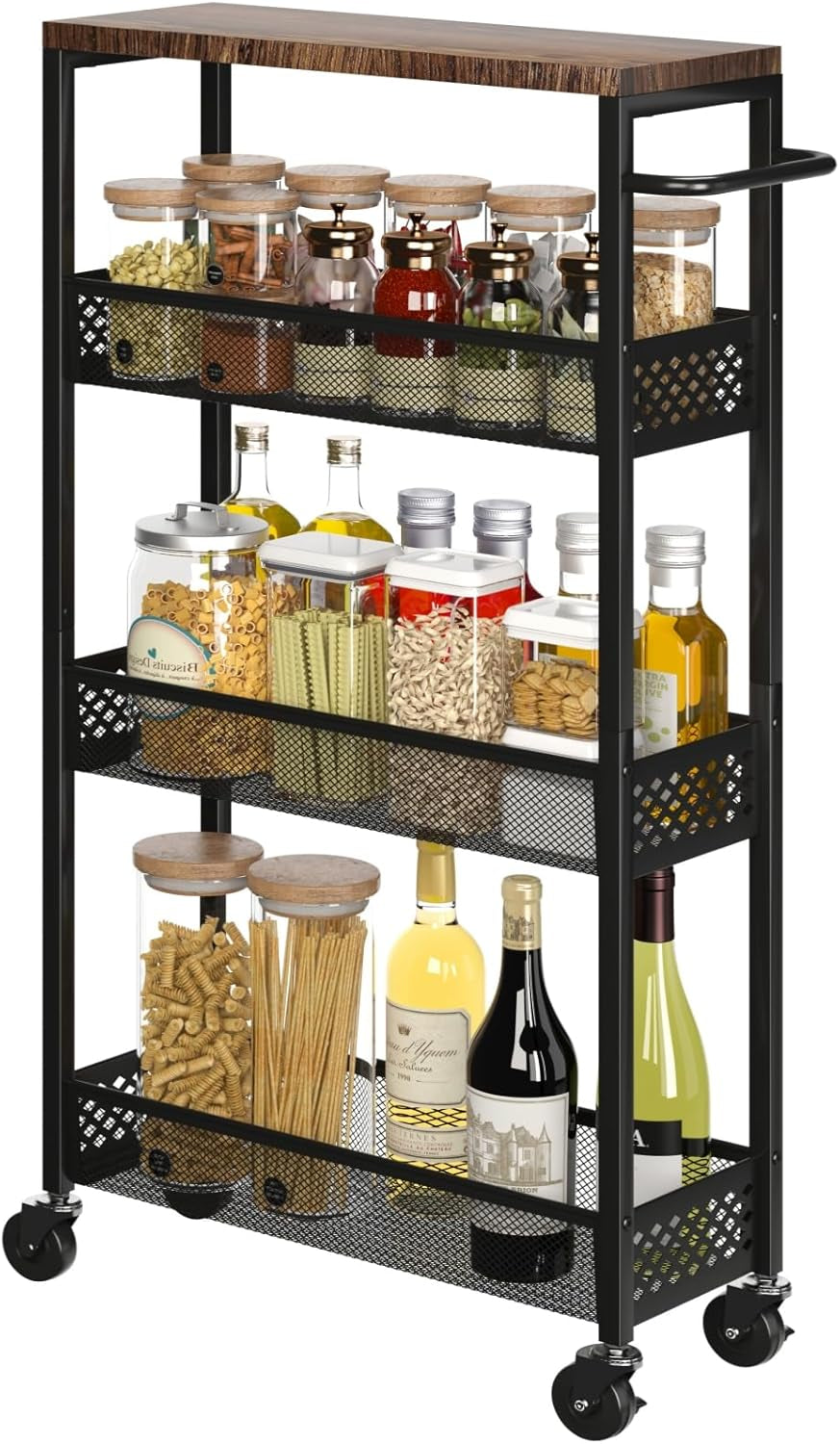 Slim four-tier rolling storage cart with wooden top and metal handle, view 9